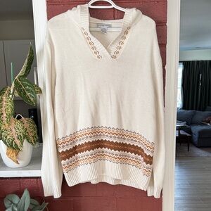 Y2K Cream Patterned V-Neck Hooded Sweater by Sag Harbor
